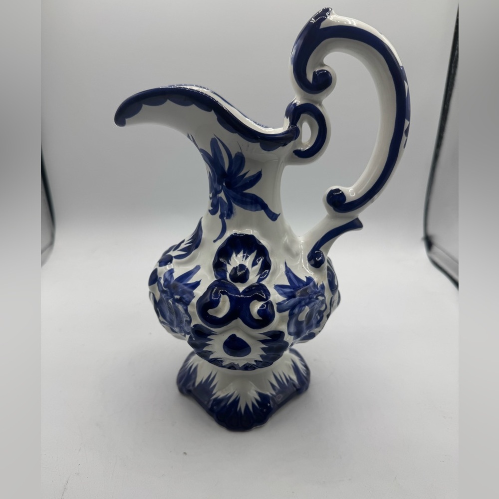 PORTUGAL Vintage Vase Pitcher Blue & Floral Hand Painted and Numbered 9 3/4 inch